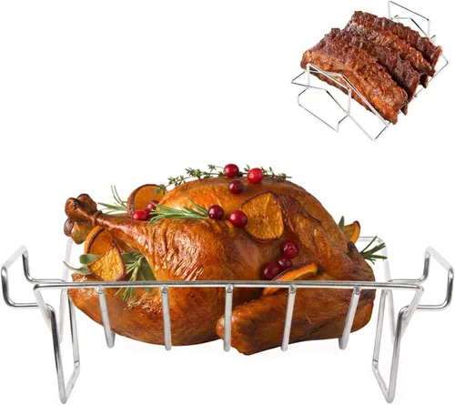 Estante para asar pavo en forma de V, estante de costillas de acero inoxidable para ahumar y asar a la parrilla, estante de pavo de doble