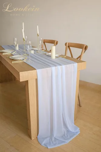 Miniatura 2 de Lookein Camino de mesa de gasa azul polvoriento de 10 pies, mantel transparente para boda, 29 x 120 pulgadas, decoración rústica de boda, camino