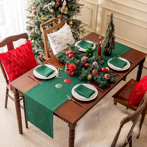 Miniatura 3 de Joyfol Day Caminos de Mesa de Navidad, Impermeable Jacquard Verde Flor de Pascua Camino de Mesa para Navidad Vacaciones Invierno Festival Cocina