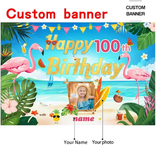 Miniatura 2 de Cartel de decoración de feliz cumpleaños número 100 personalizable con flamencos, playa, trópicos, Hawái y tema de verano, tamaños grandes