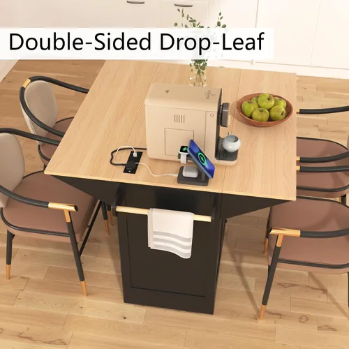 Miniatura 3 de Isla de cocina de 2 hojas caídas sobre ruedas, carrito de cocina rodante con tomas de corriente, mesa de isla de cocina con 2 gabinetes