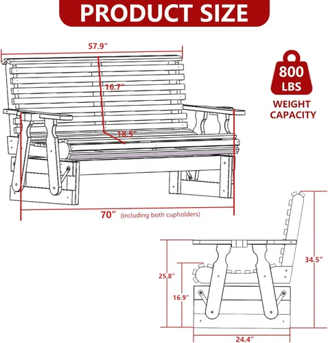 Miniatura 2 de Silla Mecedora Deslizante para Exteriores de 2 Plazas, Deslizante de Patio de Madera de 5 Pies con Respaldo Alto Curvado, Portavasos y Contorno