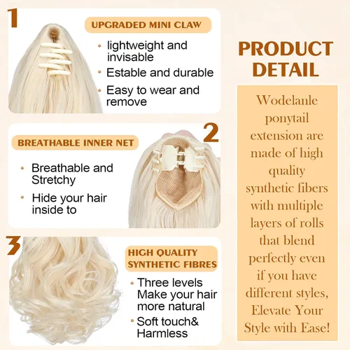 Miniatura 3 de Extensión de cola de caballo de 18 pulgadas, extensiones de cola de caballo sintéticas de aspecto natural, extensiones de cabello para mujer, rubio