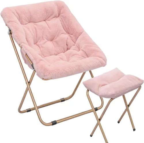 Miniatura 19 de Magshion Silla plegable de gran tamaño para adultos, silla de lectura con otomana, asiento circular esponjoso de piel sintética, cómoda silla