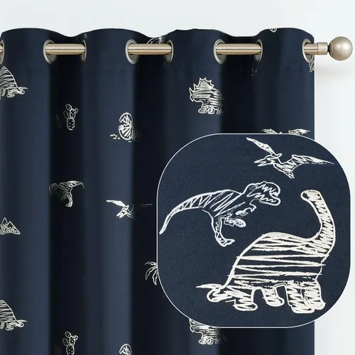 Miniatura 10 de Vangao - Cortinas para niños con impresión de dinosaurio en negro, cortinas opacas para guardería, habitación de niñas y niños, estampado plateado