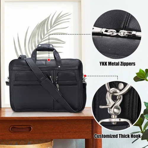 Miniatura 9 de Maletín de cuero de grano completo para hombre grande de 17 pulgadas de viaje de negocios bolsa de mensajero portátil con cremalleras de metal YKK