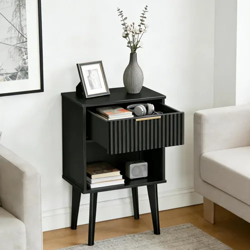 Miniatura 6 de MAHANCRIS Mesita de noche negra acanalada, moderna mesita de noche con cajón y almacenamiento de apertura, mesita de noche con patas de madera, mesa