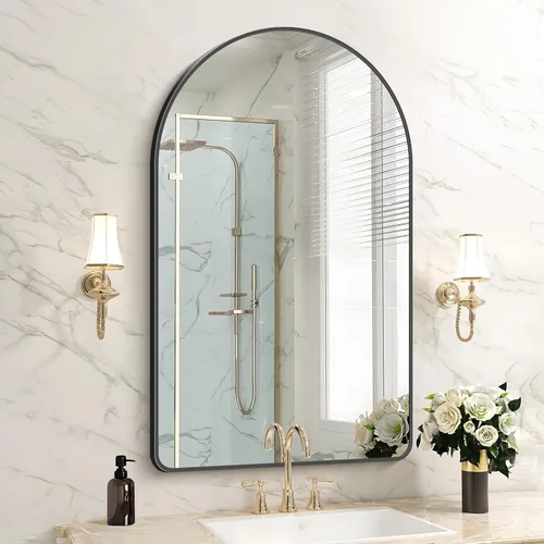 Miniatura 13 de FORBATH Espejo de baño arqueado de 16 x 24 pulgadas, espejo de baño negro montado en la pared, moderno marco de aleación de aluminio, espejo de arco
