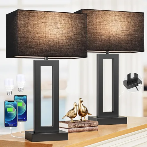 Miniatura 9 de Juego de 2 lámparas de mesa de noche para dormitorio, lámpara de noche táctil con USB C+A, lámparas de sala de estar regulables de 3 vías para mesas