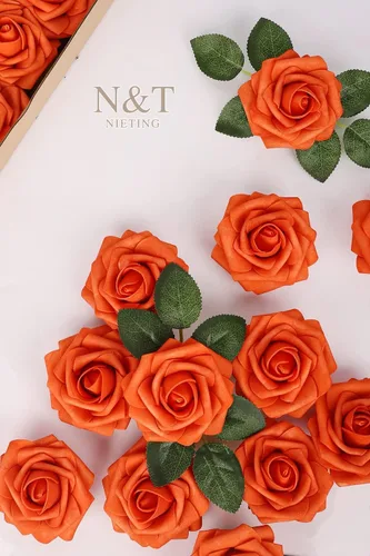 Miniatura 9 de N&T NIETING Flores artificiales de otoño, flores artificiales de rosas naranjas perfectas para bricolaje, ramos de boda, centros de mesa, fiesta