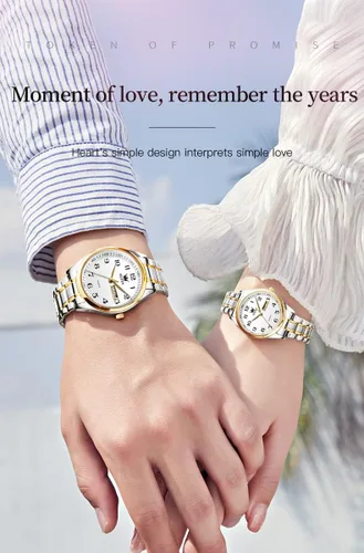 Miniatura 41 de OLEVS Juego de 2 relojes de cuarzo para parejas de San Valentín, calendario luminoso, ventana de fecha, 3 ATM, impermeable, casual, acero