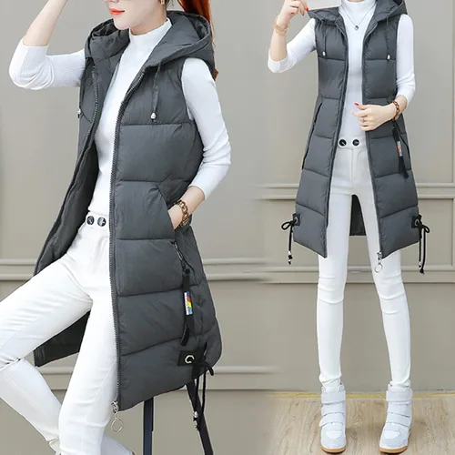 Miniatura 4 de COKUERA Chalecos largos y cálidos de invierno para mujer, color sólido, acolchado, ligeros, sin mangas, con capucha