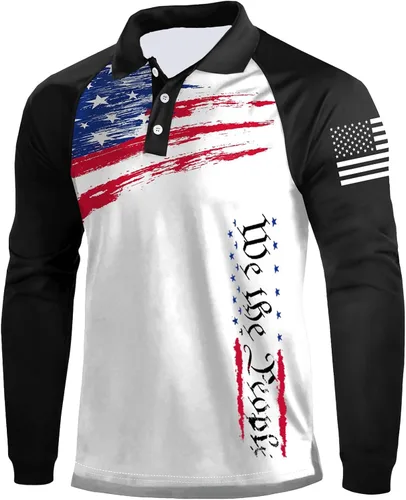 Miniatura 19 de Camisa polo de manga larga con bandera estadounidense para hombre, cuello gráfico patriótico, camiseta de golf, moderna, casual, cuello en V, tops