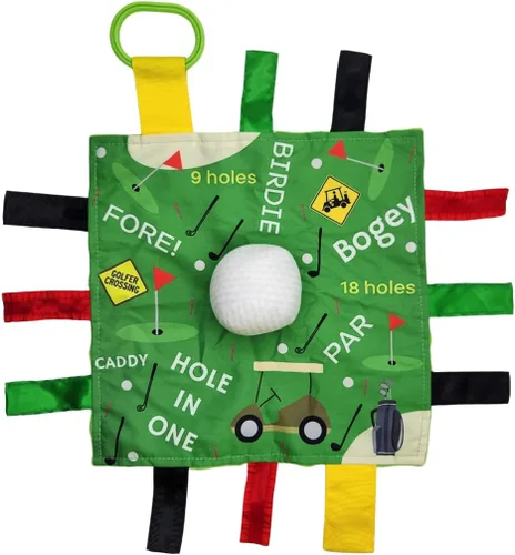 Baby Jack & Co - Manta de felpa sensorial con pelota de golf de 10 x 10 pulgadas, juguetes de etiqueta para juegos sensoriales, juguete de cochecito