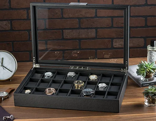 Miniatura 2 de Glenor Co Caja de reloj para hombre Organizador plano de lujo de 24 ranuras diseño de fibra de carbono para relojes de joyería para hombre soporte