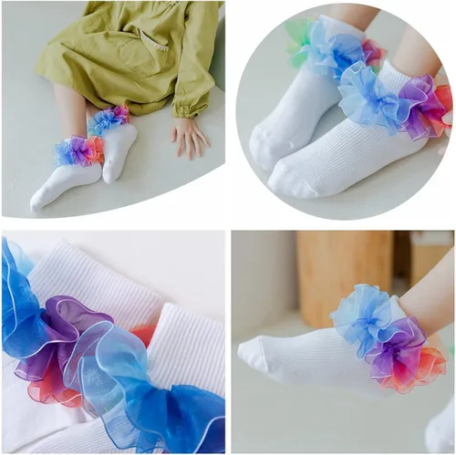 Miniatura 6 de Hopply Toddler Girls Double Lace Socks Turn Cuff Shimmering Big Ruffle Rainbow Style Dress Lace Socks for Infant Kids