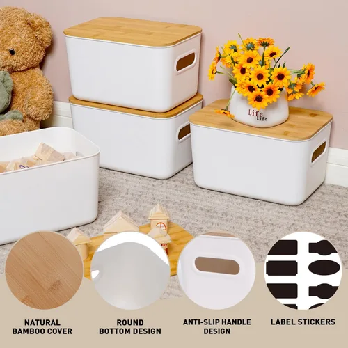 Miniatura 4 de Citylife - 2 contenedores de almacenamiento de plástico con tapas de bambú para organizar cajas de almacenamiento apilables con asa, 10.23 x 7.08 x