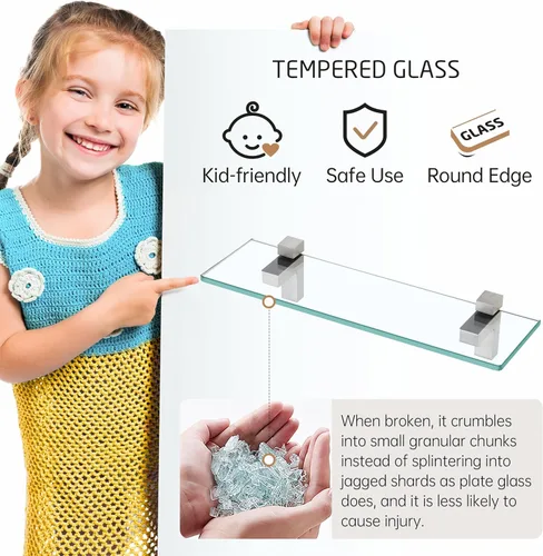 Miniatura 8 de KES Estante de vidrio para baño, estante de pared de baño de vidrio templado flotante rectangular de 16 pulgadas, soporte de níquel cepillado