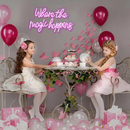 Miniatura 4 de Letrero de neón con texto en inglés "Where The Magic Happens" con luz LED rosa para decoración de pared, letras alimentadas por USB, luz de neón