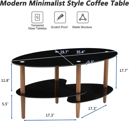 Miniatura 2 de Mesa de centro de cristal negro, mesa moderna ovalada para sala de estar con almacenamiento, patas de madera de roble, mesa central de vidrio