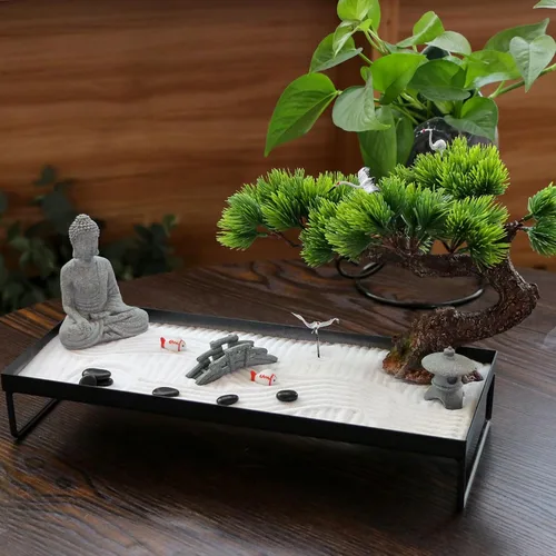 Miniatura 5 de BangBangDa Decoración japonesa de meditación, decoración de bonsái para oficina en casa para escritorio de mesa, decoración de mesa de arena de roca