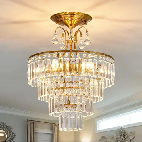 CVKASH Lámpara de araña de cristal dorado de 5 luces, accesorio moderno de montaje semi empotrado en techo con iluminación de techo E12 para