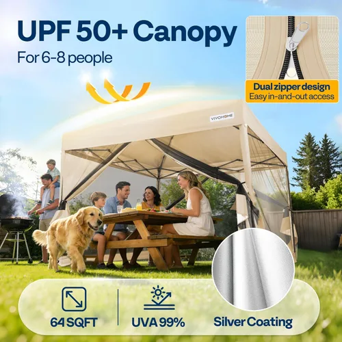 Miniatura 4 de VIVOHOME Toldo desplegable fácil de 8 x 8 pies, tienda de campaña para exteriores con mosquitera, 2 puertas con cremallera y bolsa enrollable