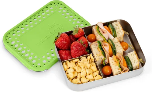 Miniatura 2 de Contenedor de comida con 3 secciones LunchBots Bento Trio, grandes, para niños y adultos., Puntos verdes