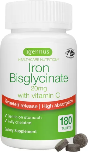 Igennus - Bisglicinato de hierro limpio de 20 mg, vitamina C, suministro para 6 meses, fórmula quelada suave de alta absorción y bisglicinato