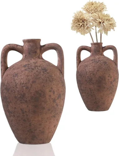 UPWOIGH Jarrón rústico de terracota marrón de 11.8 pulgadas con asas, florero de ánfora de cerámica envejecida para hierba de las pampas, decoración