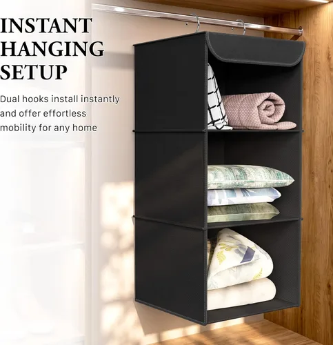 Miniatura 6 de Simple Houseware Organizador de armario colgante de 3 estantes, estantes de almacenamiento de tela con capacidad de 57 litros, color negro
