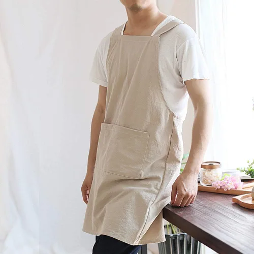 Miniatura 3 de NEWGEM - Delantales de cocina de lino japonés para mujeres y hombres, con tirantes cruzados y bolsillos, para repostería y cocina caqui (Men's Khaki)