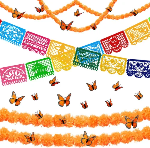 18 pancartas para fiesta del Día de los Muertos, Día de los Muertos, decoración del Día de los Muertos con 24 piezas de mariposa monarca, 3 flores