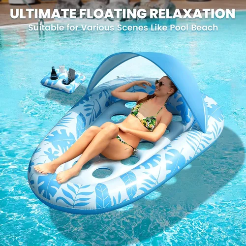 Miniatura 7 de Flotadores inflables para piscina para adultos, 3 en 1, flotadores de piscina con toldo y soporte para tazas, balsa de piscina XL, sillas