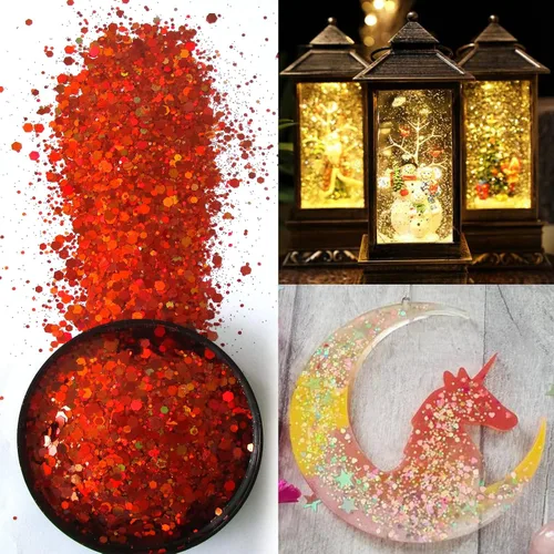 Miniatura 3 de Copos holográficos de purpurina gruesa naranja holográfica de tamaño mixto con forma hexagonal para uñas, confeti, lentejuelas para manualidades