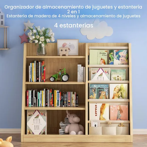 Miniatura 5 de EXPERLAM Estantería para niños y organizador de almacenamiento de juguetes, estante de libros de madera de 4 niveles con soporte para libros en sala