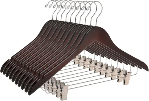 Miniatura 15 de Perchas de madera de calidad para faldas con clips, paquete de 20 perchas de nogal para pantalones con clips de metal dorado ajustables, gancho