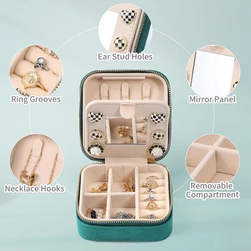 Miniatura 4 de Dajasan Joyero de viaje de terciopelo, mini estuche de joyería de viaje, pequeño organizador de joyas de viaje portátil con espejo para mujeres