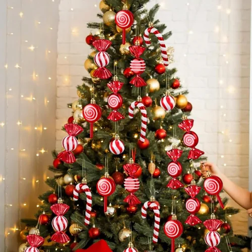 Miniatura 5 de 36 piezas de adornos de Navidad, adornos de Navidad de plástico irrompibles MOYEE para árbol - decoraciones de Navidad de bastón de caramelo, Rojo