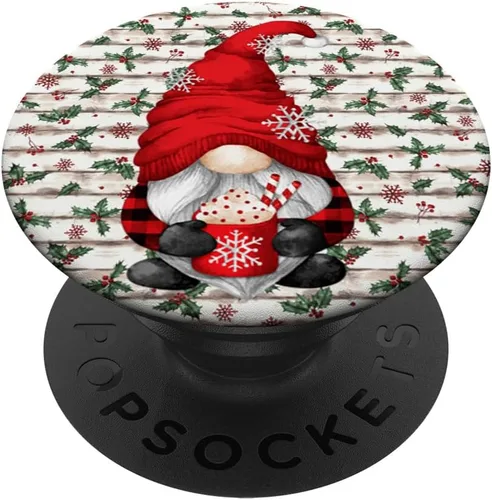 Divertido gnomo de Navidad a cuadros, decoración navideña y cacao caliente PopSockets intercambiables PopGrip