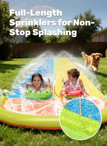 Miniatura 3 de Sloosh Toboganes acuáticos con 2 tablas inflables, tobogán de agua de doble carril de 22.5 pies con rociadores avanzados, juguete de verano