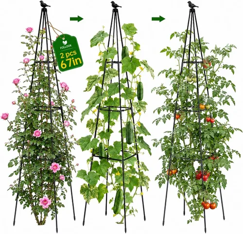 FOLLOOK - Paquete de 2 enrejados de obelisco, enrejado de metal ajustable de 67 pulgadas para plantas trepadoras al aire libre, jaula de tomate con