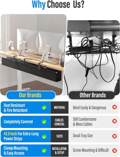 Miniatura 7 de Cinati - Bandeja grande de organización de cables para debajo del escritorio, organizador de cables para debajo del escritorio, sin taladros, Negro