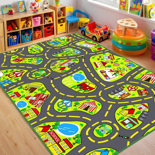 Miniatura 21 de Alfombra de juego para niños (2.6 x 5 pies), 2 unidades, alfombra de carretera para niños, alfombra de mapa de ruta de la ciudad, alfombra