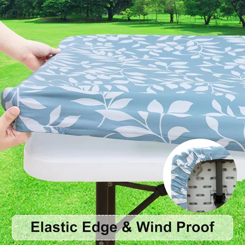 Miniatura 2 de misaya Mantel rectangular de vinilo, mantel ajustable, 100% impermeable, borde elástico, reverso de franela, mantel de plástico para mesas plegables