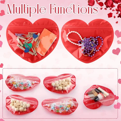 Miniatura 5 de Yexiya 50 bolsas de regalo de corazón grandes para pequeñas empresas de 3.4 x 4 pulgadas, bolsas de joyería transparentes en forma de corazón, Rojo