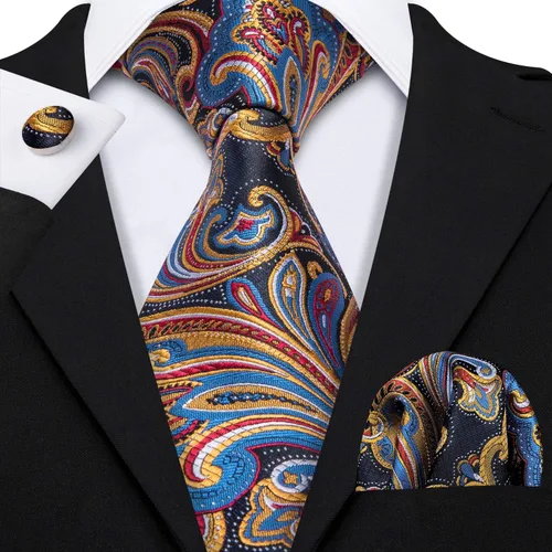 Miniatura 185 de Barry.Wang - Juego de corbata de seda para hombre, diseño de cachemira, pañuelo y gemelos de bolsillo