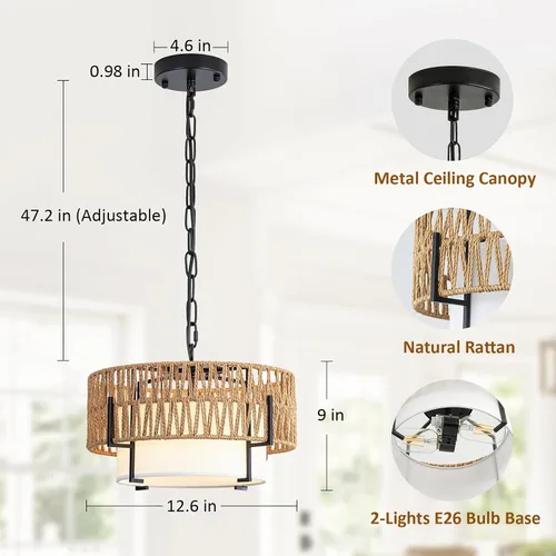 Miniatura 2 de Lámpara Colgante de Ratán, Candelabro Boho de 12.6" con Pantalla de Tela, Lámpara Colgante Estilo Granja Candelabro para Comedor, Sala de Estar