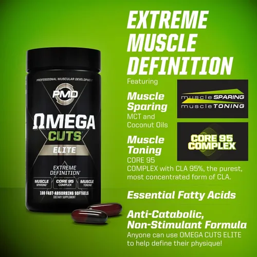 Miniatura 7 de PMD Sports Omega Cuts Elite - Fórmula de definición de pérdida de grasa muscular - Ácidos grasos Omega, MCT y CLA para definición muscular