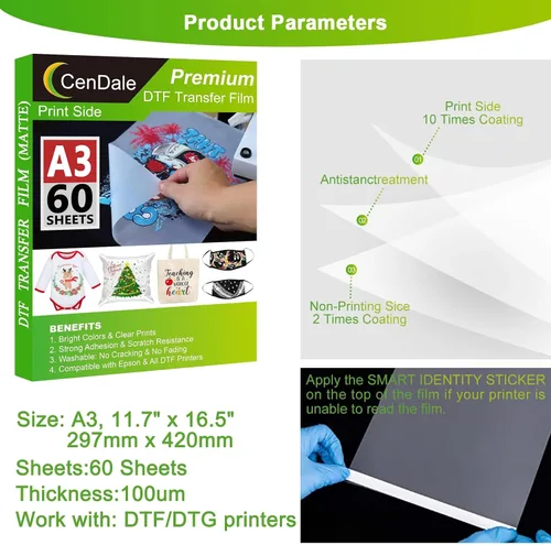 Miniatura 3 de CenDale DTF Transfer Film - A3 (11.7" x 16.5") 60 hojas de doble cara mate transparente pretratadas - hojas de película PET DTF para impresión